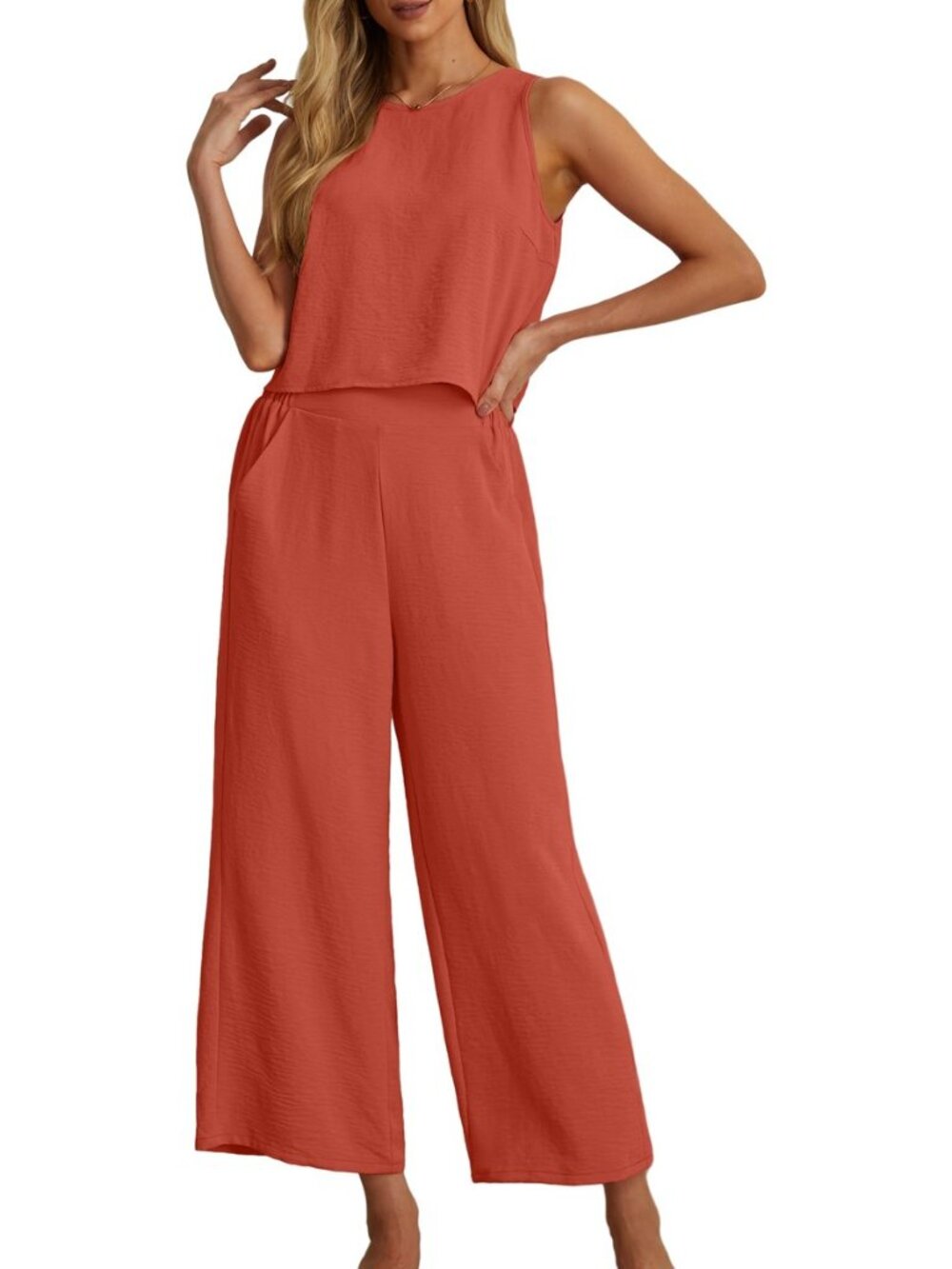 Women's Summer 2 Piece Outfits Set Round neck Sleeveless Tank Crop Top Wide Leg